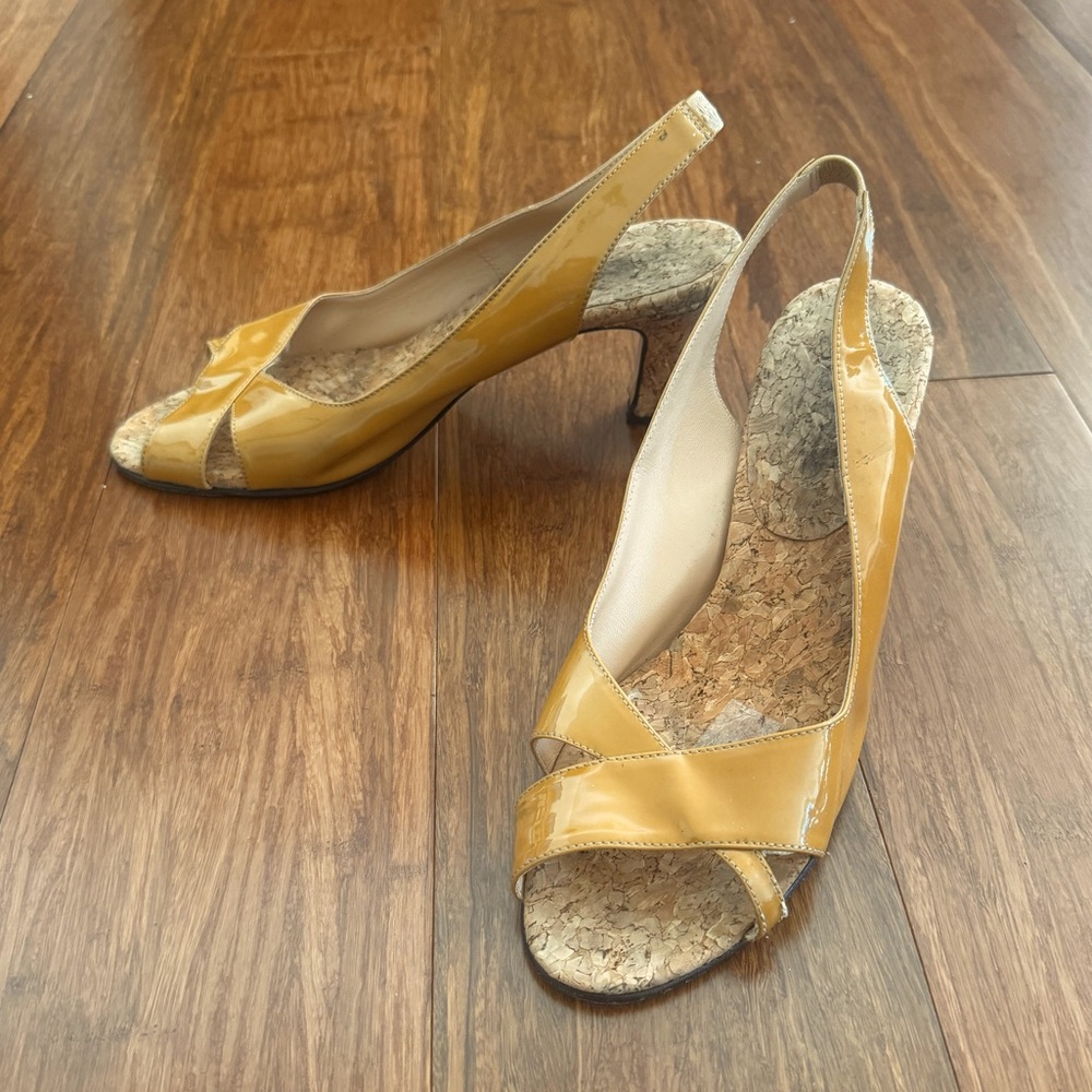 Vero Cuoio Italian Patent Leather Yellow Cross Cork Slingback Sandals Heels